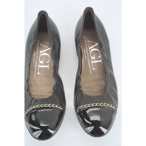 AGL Black Leather Bijoux Chain Embellished Patent Cap Toe Ballet Flat SZ 36 - Picture 6 of 12